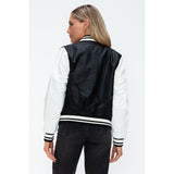 Love Me Now PU Leather Contrast Snap Down Bomber Jacket- Black - Spicie's Boutique