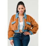 CASUAL DENIM CONTRAST FUR CROP JACKET - Spicie's Boutique