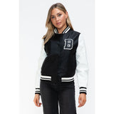 Love Me Now PU Leather Contrast Snap Down Bomber Jacket- Black - Spicie's Boutique