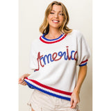 BiBi Metallic America Letter Short Sleeve Sweater - Spicie's Boutique