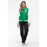 Love Me Now PU Leather Contrast Snap Down Bomber Jacket- Green - Spicie's Boutique