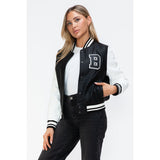 Love Me Now PU Leather Contrast Snap Down Bomber Jacket- Black - Spicie's Boutique
