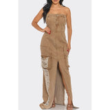 Vintage Washed Distressed Cargo Maxi Dress