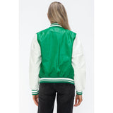 Love Me Now PU Leather Contrast Snap Down Bomber Jacket- Green - Spicie's Boutique