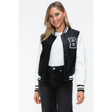 Love Me Now PU Leather Contrast Snap Down Bomber Jacket- Black - Spicie's Boutique