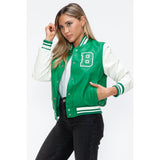 Love Me Now PU Leather Contrast Snap Down Bomber Jacket- Green - Spicie's Boutique