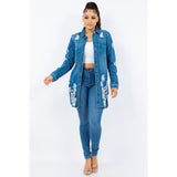 Distressed Button Up Long Sleeve Denim Jacket - Spicie's Boutique