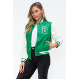 Love Me Now PU Leather Contrast Snap Down Bomber Jacket- Green - Spicie's Boutique