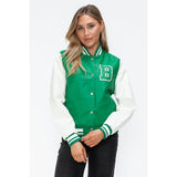 Love Me Now PU Leather Contrast Snap Down Bomber Jacket- Green - Spicie's Boutique