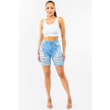 HIGH WAIST DISTRESSED THIGHS DENIM SHORTS - Spicie's Boutique