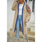 Double Take Geometric Fringe Hem Open Front Duster Cardigan - Spicie's Boutique