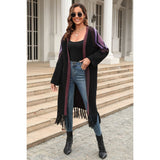 Double Take Geometric Fringe Hem Open Front Duster Cardigan - Spicie's Boutique