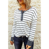Striped Waffle Knit Henley Long Sleeve Top