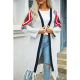 Double Take Geometric Fringe Hem Open Front Duster Cardigan - Spicie's Boutique