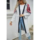 Double Take Geometric Fringe Hem Open Front Duster Cardigan - Spicie's Boutique