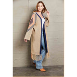 Double Take Geometric Fringe Hem Open Front Duster Cardigan - Spicie's Boutique