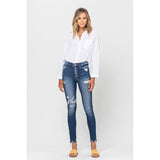 HIGH RISE PATCHED BUTTON UP RAW HEM ANKLE SKINNY - Spicie's Boutique