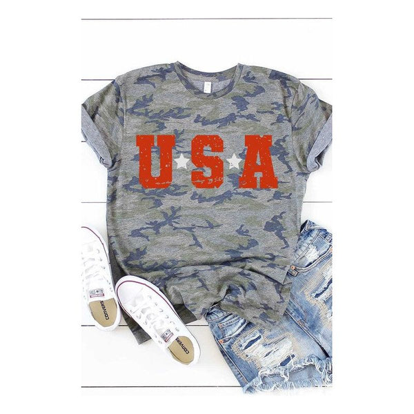 USA with Silver Stars Graphic Tee Camo - Spicie's Boutique