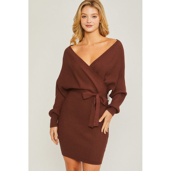 Off Shoulder Wrap Belted Ribbed Knit Dress - Spicie's Boutique