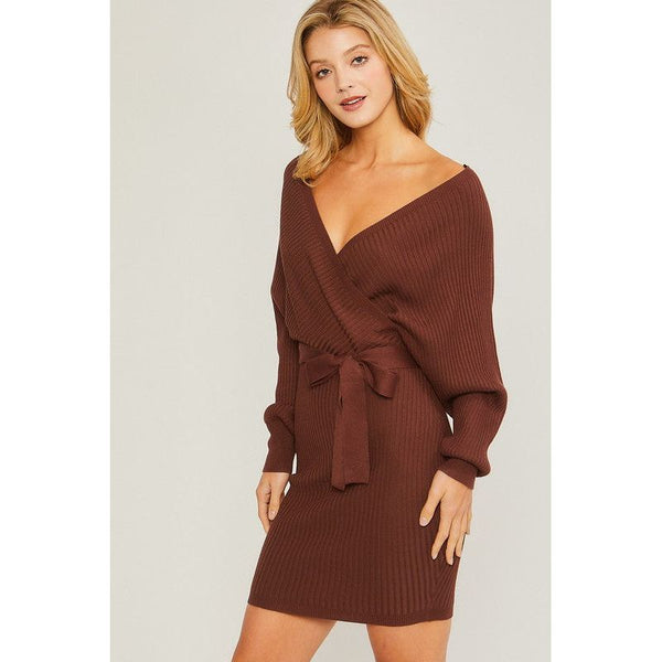Off Shoulder Wrap Belted Ribbed Knit Dress - Spicie's Boutique
