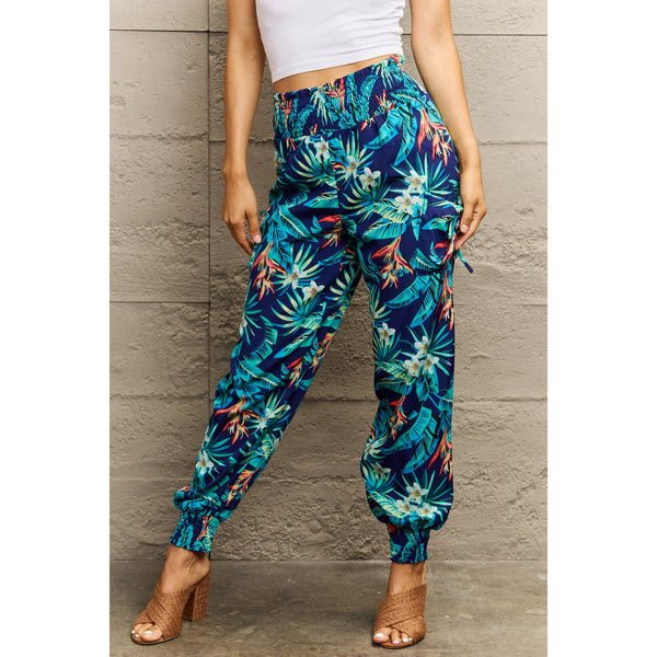 Smocked Plant Print Long Pants