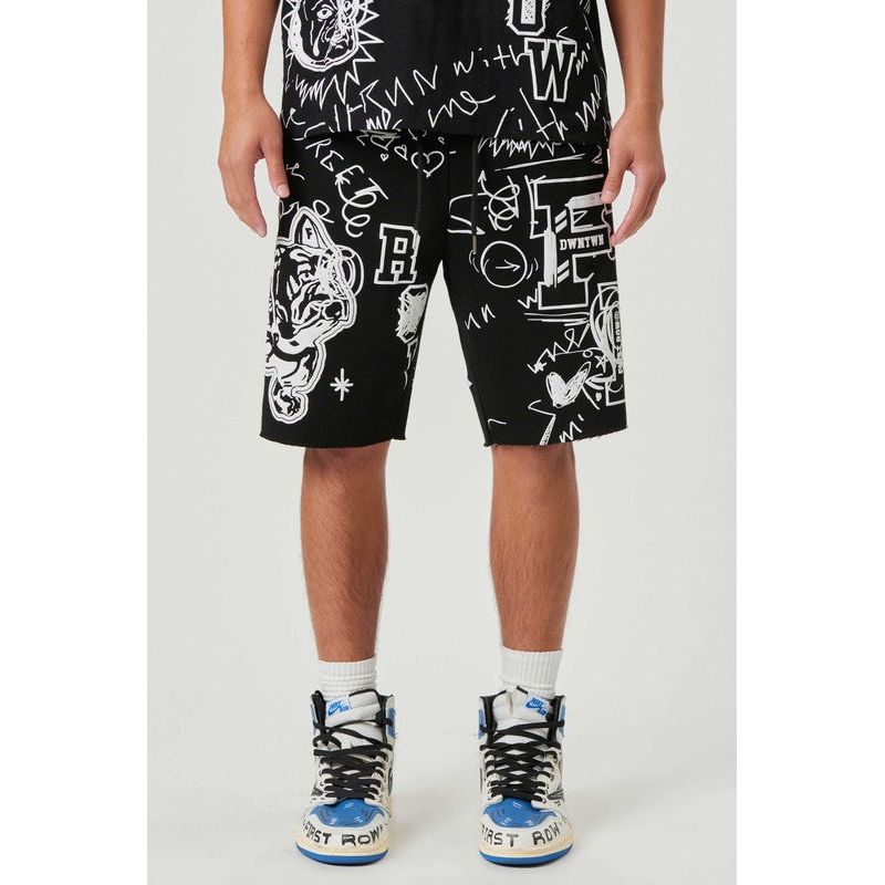 Allover Hand Doodling Puff Print Shorts