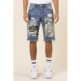 CAMO & TWILL PATCHED RIP & REPAIRED DENIM SHORTS - Spicie's Boutique
