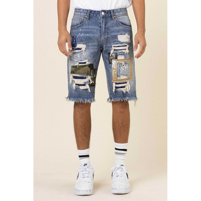 CAMO & TWILL PATCHED RIP & REPAIRED DENIM SHORTS - Spicie's Boutique