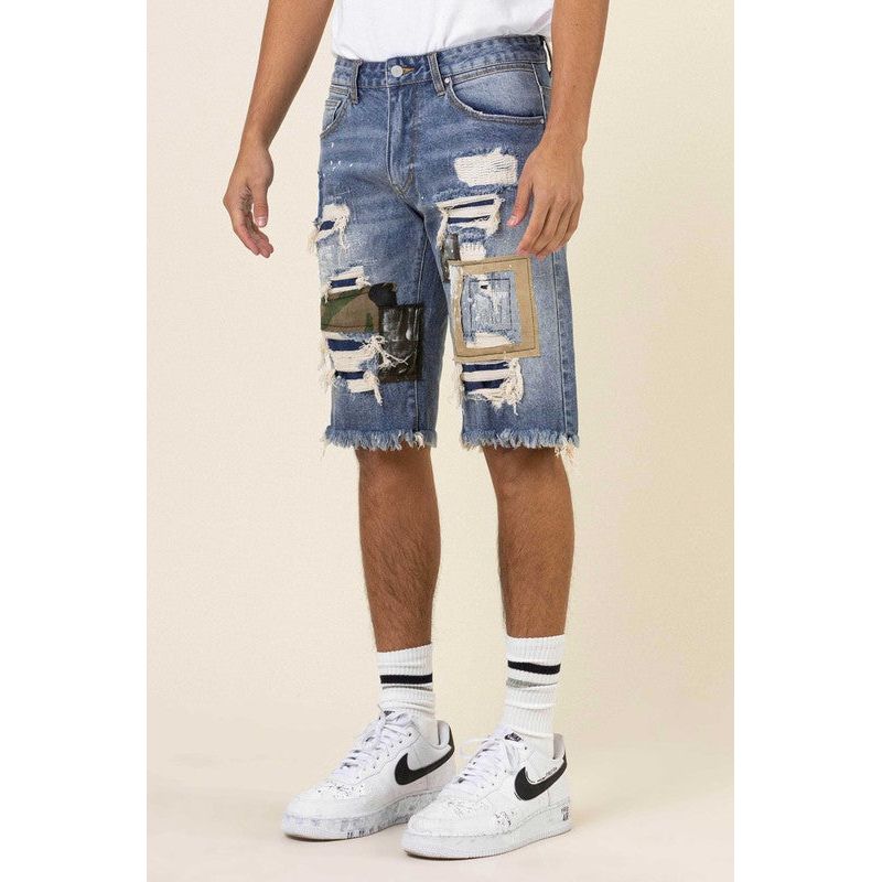 CAMO & TWILL PATCHED RIP & REPAIRED DENIM SHORTS - Spicie's Boutique