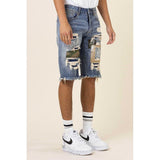 CAMO & TWILL PATCHED RIP & REPAIRED DENIM SHORTS - Spicie's Boutique