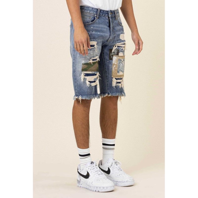 CAMO & TWILL PATCHED RIP & REPAIRED DENIM SHORTS - Spicie's Boutique