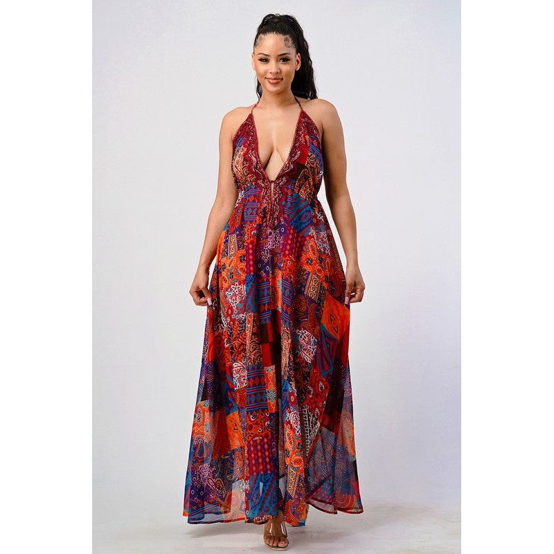 Bohemian print sequin lace trim maxi dress - Spicie's Boutique