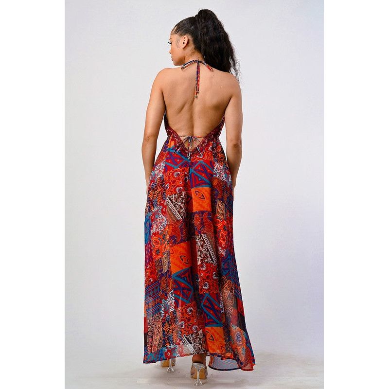 Bohemian print sequin lace trim maxi dress - Spicie's Boutique