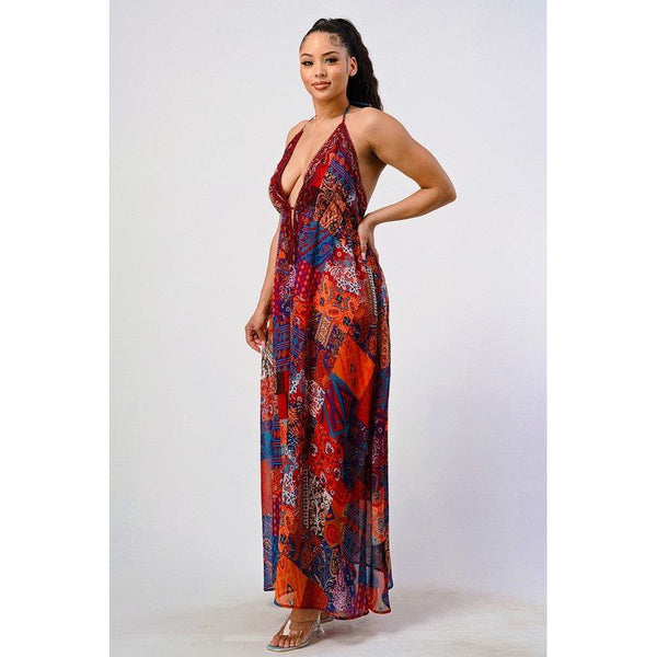 Bohemian print sequin lace trim maxi dress - Spicie's Boutique