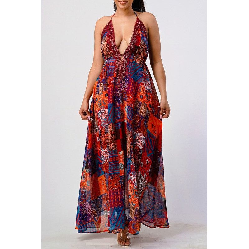 Bohemian print sequin lace trim maxi dress - Spicie's Boutique