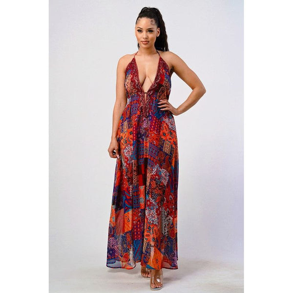 Bohemian print sequin lace trim maxi dress - Spicie's Boutique
