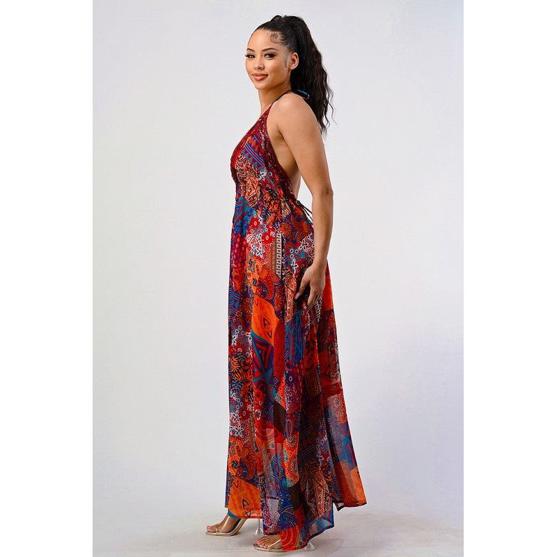 Bohemian print sequin lace trim maxi dress - Spicie's Boutique