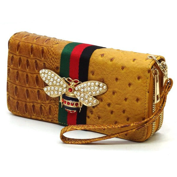 Queen Bee Stripe Ostrich Double Zip Around Wallet - Spicie's Boutique