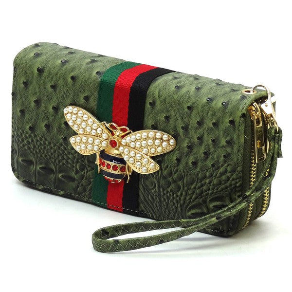 Queen Bee Stripe Ostrich Double Zip Around Wallet - Spicie's Boutique