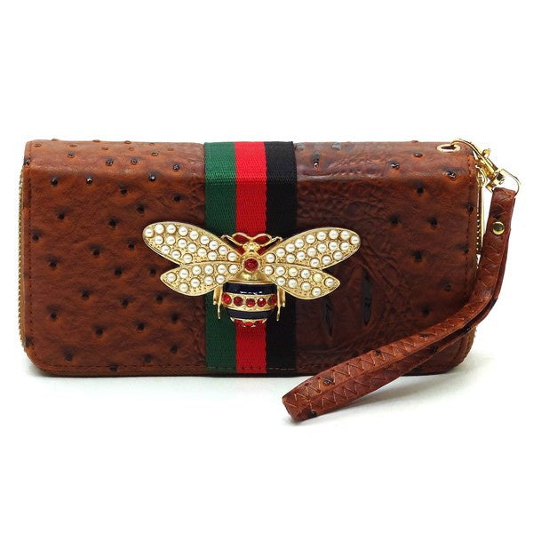 Queen Bee Stripe Ostrich Double Zip Around Wallet - Spicie's Boutique