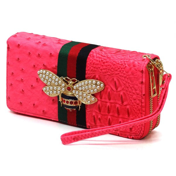 Queen Bee Stripe Ostrich Double Zip Around Wallet - Spicie's Boutique