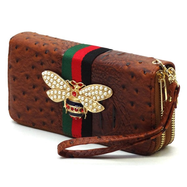 Queen Bee Stripe Ostrich Double Zip Around Wallet - Spicie's Boutique