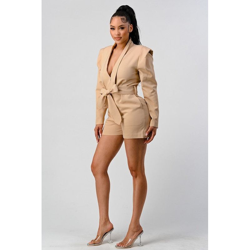 Business casual blazer romper with belt