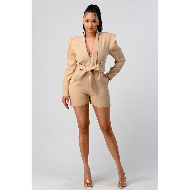 Business casual blazer romper with belt