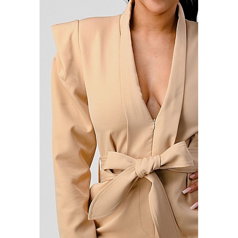 Business casual blazer romper with belt