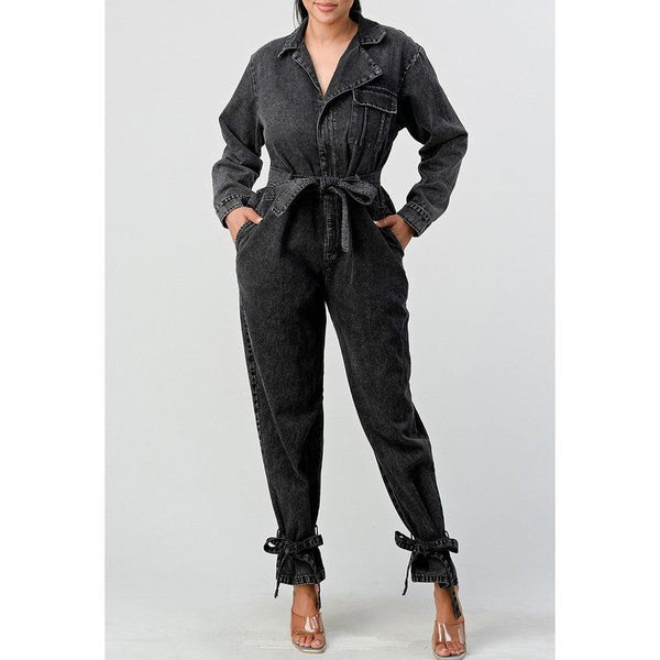ATHINA BLACK WASHED DENIM TIE DETAIL JUMPSUIT - Spicie's Boutique