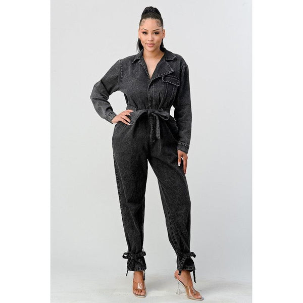 ATHINA BLACK WASHED DENIM TIE DETAIL JUMPSUIT - Spicie's Boutique