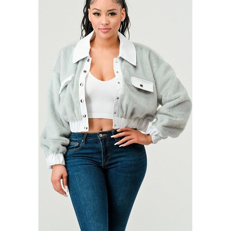 CASUAL DENIM CONTRAST FUR CROP JACKET