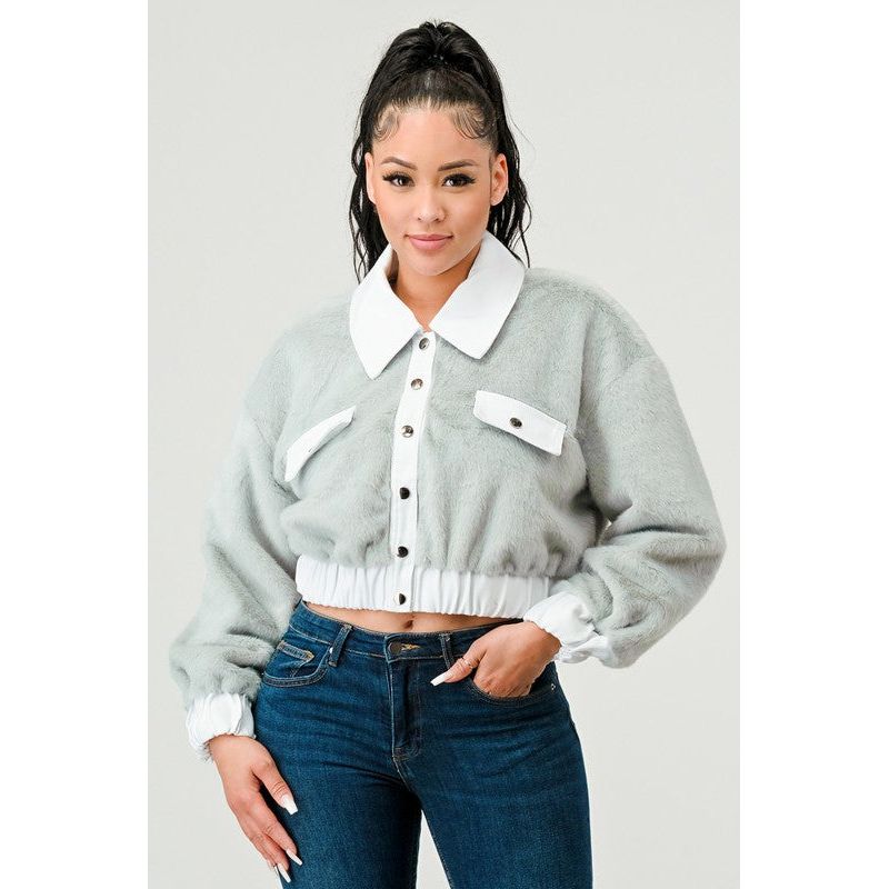 CASUAL DENIM CONTRAST FUR CROP JACKET