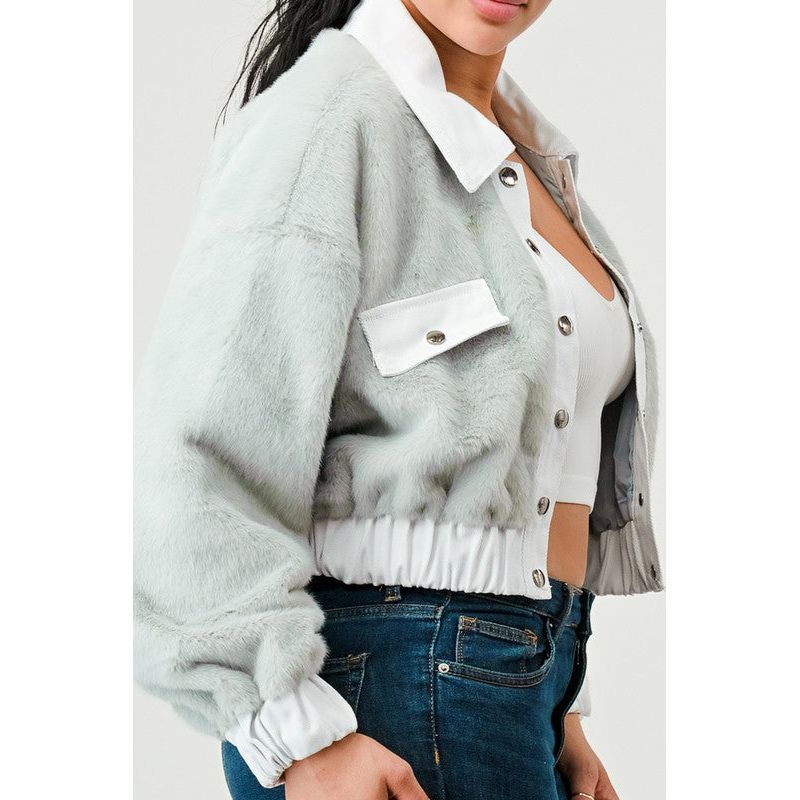 CASUAL DENIM CONTRAST FUR CROP JACKET